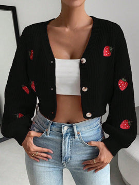 Moosta cardigan holgado de mujer con mangas farol, hombros caidos y bordado de fresa de estilo casual