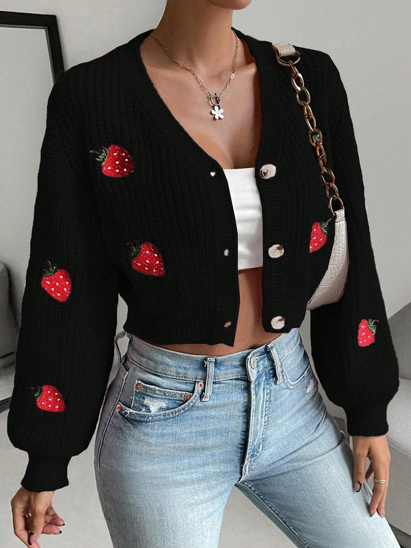 Moosta cardigan holgado de mujer con mangas farol, hombros caidos y bordado de fresa de estilo casual