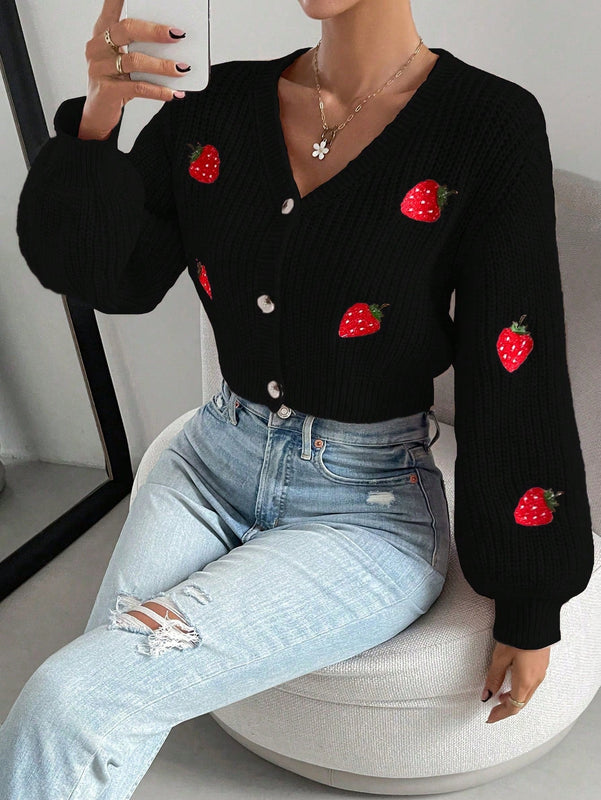 Moosta cardigan holgado de mujer con mangas farol, hombros caidos y bordado de fresa de estilo casual