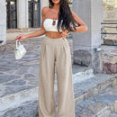 Pantalones anchos de lino solido para mujer