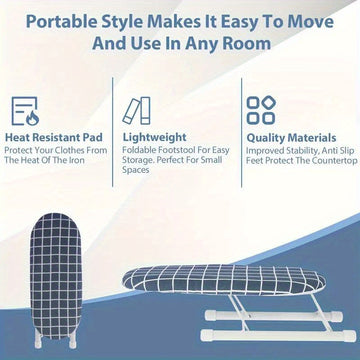 Tabla de planchar compacta y portátil con pies antideslizantes, base resistente al calor y estructura de acero reforzada - diseño ahorrador de espacio para salas de costura y manualidades, 25.91x10.92x7.87 cm, tabla pequeña para ropa y estación de artesa