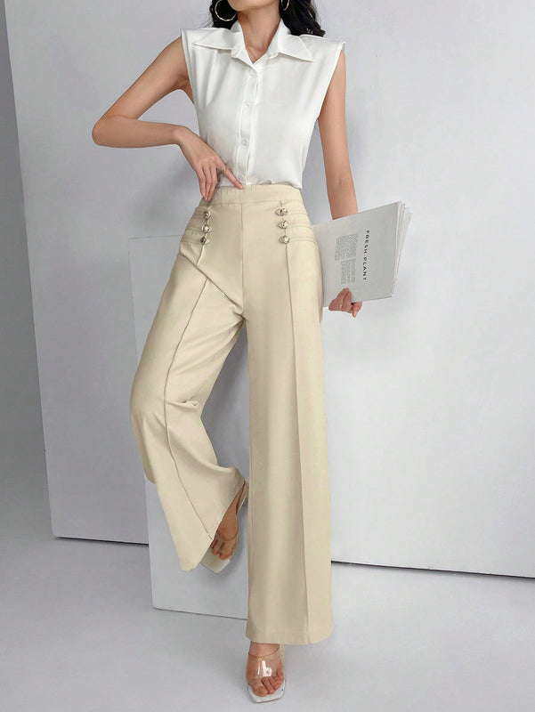 Modely pantalones palazzo de pierna ancha de unicolor casual para mujer