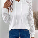 Lune sudadera con capucha blanca casual con mangas de encaje frances para mujeres, otono/invierno