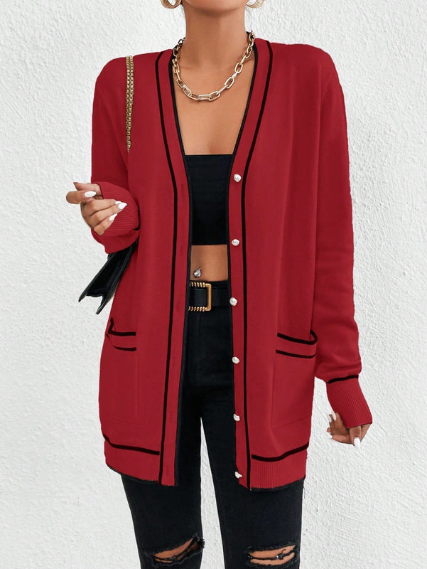 Essnce cardigan casual de bolsillo de mujer con manga larga de un solo botonadura a rayas, otono/invierno