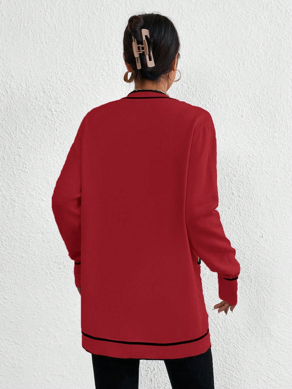 Essnce cardigan casual de bolsillo de mujer con manga larga de un solo botonadura a rayas, otono/invierno