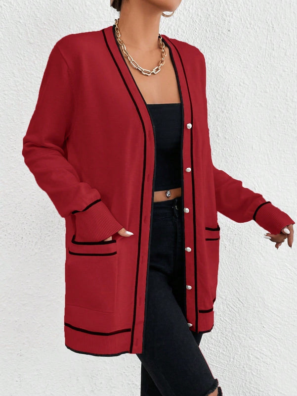 Essnce cardigan casual de bolsillo de mujer con manga larga de un solo botonadura a rayas, otono/invierno