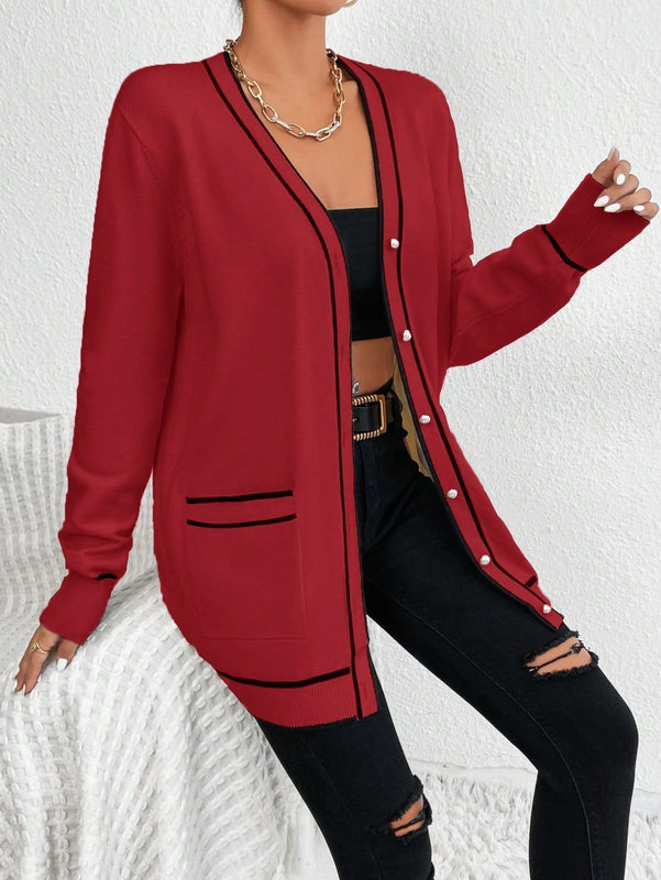 Essnce cardigan casual de bolsillo de mujer con manga larga de un solo botonadura a rayas, otono/invierno