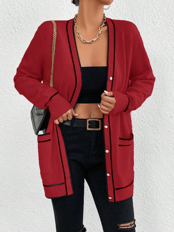 Essnce cardigan casual de bolsillo de mujer con manga larga de un solo botonadura a rayas, otono/invierno
