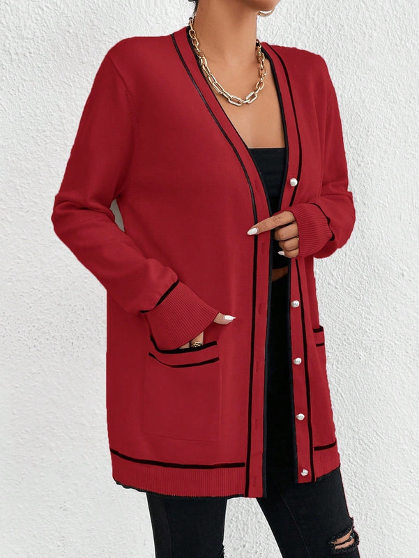 Essnce cardigan casual de bolsillo de mujer con manga larga de un solo botonadura a rayas, otono/invierno