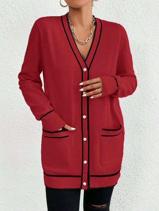 Essnce cardigan casual de bolsillo de mujer con manga larga de un solo botonadura a rayas, otono/invierno