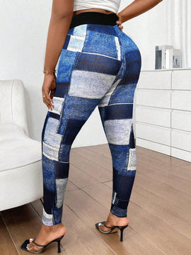 Slayr pantalones ajustados de mujer con estampado de tela escocesa azul y blanco (estampado aleatorio)