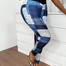 Slayr pantalones ajustados de mujer con estampado de tela escocesa azul y blanco (estampado aleatorio)