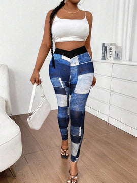 Slayr pantalones ajustados de mujer con estampado de tela escocesa azul y blanco (estampado aleatorio)