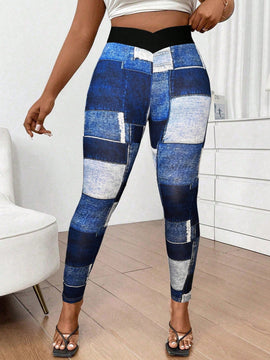Slayr pantalones ajustados de mujer con estampado de tela escocesa azul y blanco (estampado aleatorio)