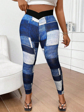 Slayr pantalones ajustados de mujer con estampado de tela escocesa azul y blanco (estampado aleatorio)