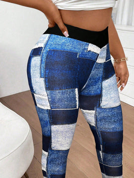 Slayr pantalones ajustados de mujer con estampado de tela escocesa azul y blanco (estampado aleatorio)