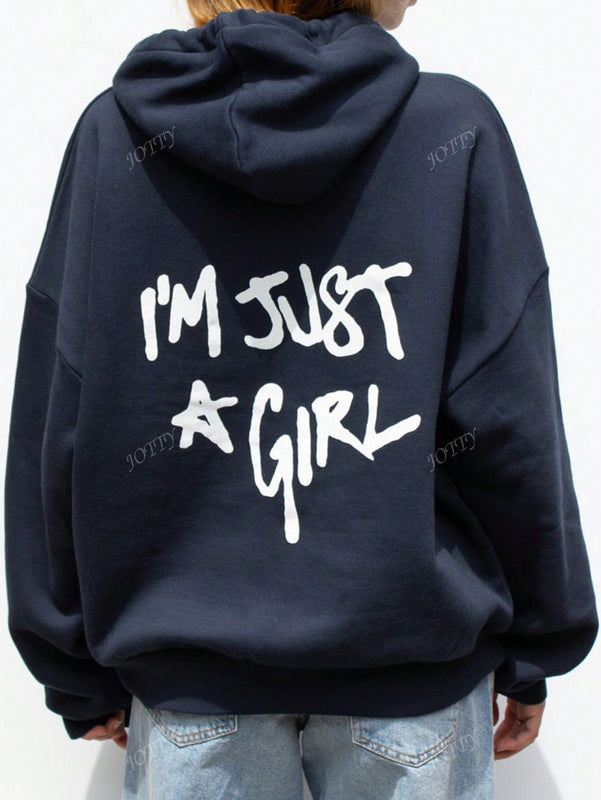 Sudadera con capucha de mujer con estampado de eslogan y hombros caidos