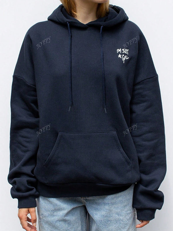 Sudadera con capucha negra holgada de mujer con estampado de lema, hombros caidos y cordon, primavera y otono