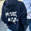 Sudadera con capucha negra holgada de mujer con estampado de lema, hombros caidos y cordon, primavera y otono