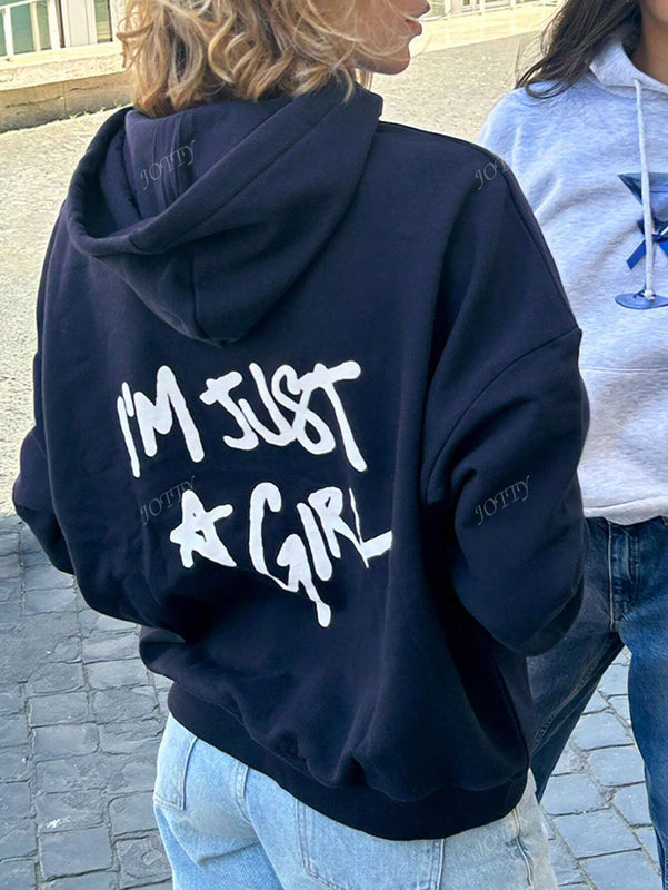 Sudadera con capucha de mujer con estampado de eslogan y hombros caidos