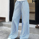 Pantalones rectos de tejido texturizado con bloqueo de color, cordon ajustable, rayas azules y ajuste relajado para mujer