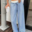 Pantalones rectos de tejido texturizado con bloqueo de color, cordon ajustable, rayas azules y ajuste relajado para mujer