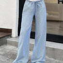 Pantalones rectos de tejido texturizado con bloqueo de color, cordon ajustable, rayas azules y ajuste relajado para mujer