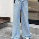 Pantalones rectos de tejido texturizado con bloqueo de color, cordon ajustable, rayas azules y ajuste relajado para mujer