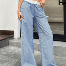 Pantalones rectos de tejido texturizado con bloqueo de color, cordon ajustable, rayas azules y ajuste relajado para mujer