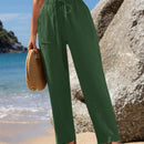 Emery rose pantalones largos casuales rectos y sueltos con cintura elastica, bolsillos y estampado de tenido anudado para mujer