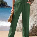 Emery rose pantalones largos casuales rectos y sueltos con cintura elastica, bolsillos y estampado de tenido anudado para mujer