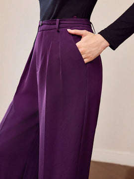 Motf premium pantalones de pierna ancha con pliegues plegados, bolsillos inclinados, cinturon