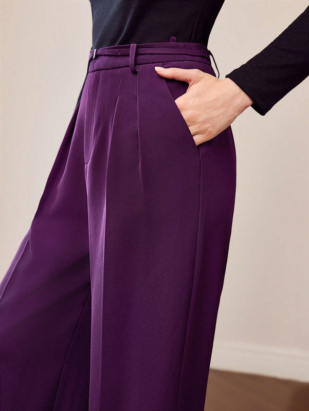 Motf premium pantalones de pierna ancha con pliegues plegados, bolsillos inclinados, cinturon