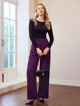 Motf premium pantalones de pierna ancha con pliegues plegados, bolsillos inclinados, cinturon