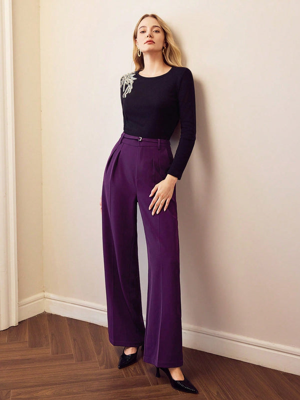 Motf premium pantalones de pierna ancha con pliegues plegados, bolsillos inclinados, cinturon
