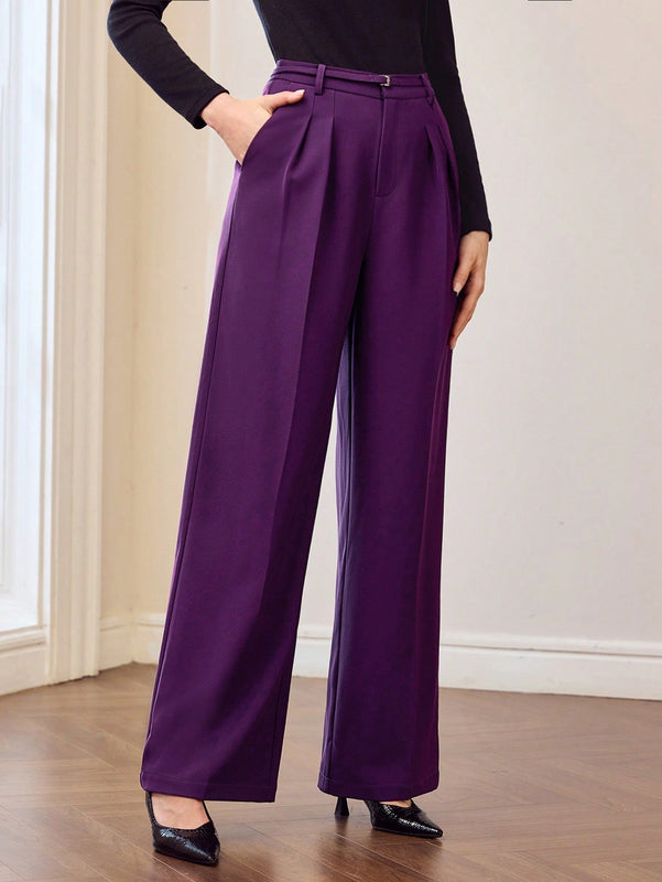 Motf premium pantalones de pierna ancha con pliegues plegados, bolsillos inclinados, cinturon