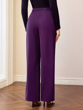 Motf premium pantalones de pierna ancha con pliegues plegados, bolsillos inclinados, cinturon