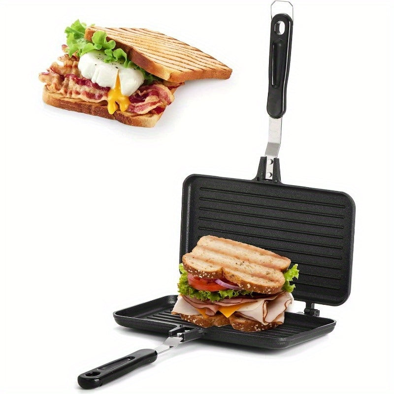 Sartén para sándwiches de aluminio antiadherente con mango - Calentamiento doble, plancha para panini cuadrada de 23.88 cm, ideal para interiores, exteriores, camping, desayunos, sándwiches tostados y carne asada - Fácil de limpiar, con gancho para guard