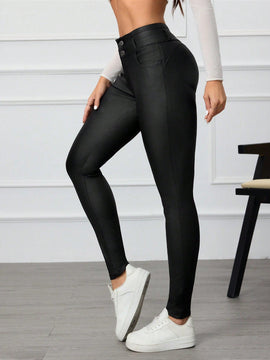 Pantalones casuales de unicolor con botones frontales y bolsillos para mujer, entallados