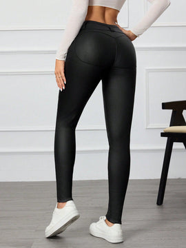 Pantalones casuales de unicolor con botones frontales y bolsillos para mujer, entallados