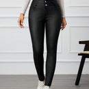 Pantalones casuales de unicolor con botones frontales y bolsillos para mujer, entallados