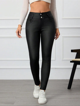 Pantalones casuales de unicolor con botones frontales y bolsillos para mujer, entallados