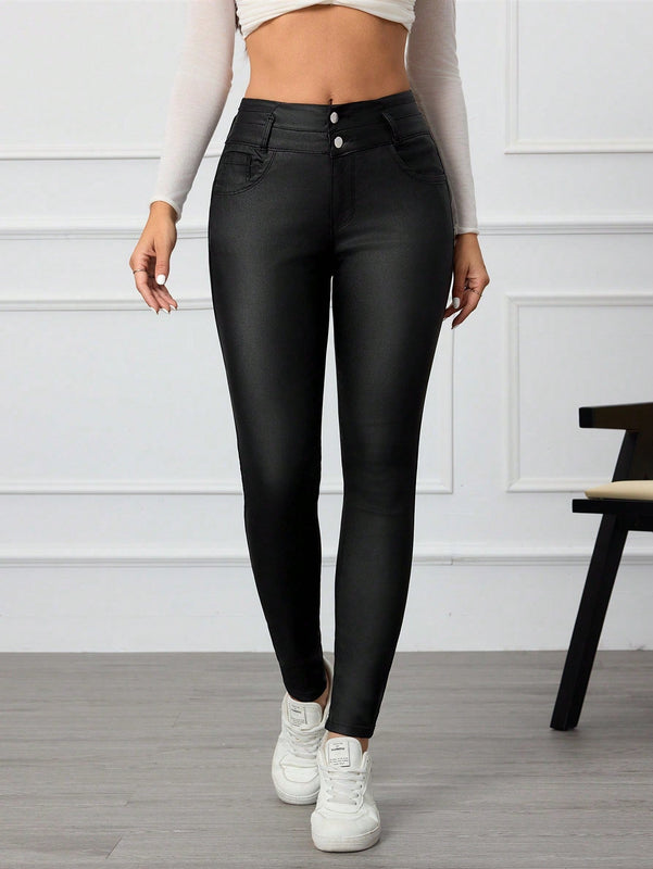 Pantalones casuales de unicolor con botones frontales y bolsillos para mujer, entallados