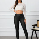 Pantalones casuales de unicolor con botones frontales y bolsillos para mujer, entallados