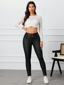 Pantalones casuales de unicolor con botones frontales y bolsillos para mujer, entallados