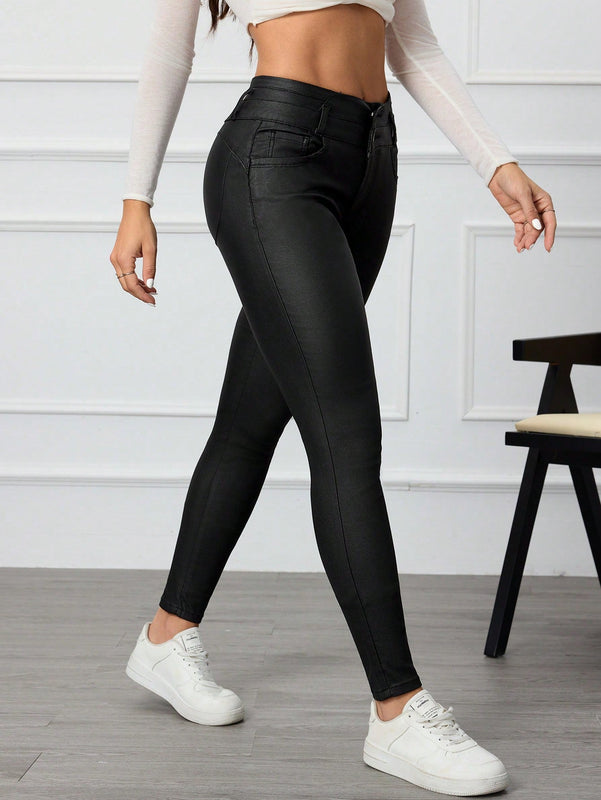 Pantalones casuales de unicolor con botones frontales y bolsillos para mujer, entallados