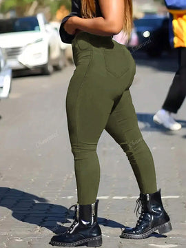 Pantalones acampanados con decoracion de botones y ajuste cenido para mujer