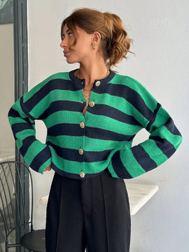 Cardigan de mujer con cuello redondo y botones delanteros, con estampado de rayas