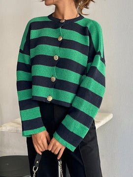 Cardigan de mujer con cuello redondo y botones delanteros, con estampado de rayas