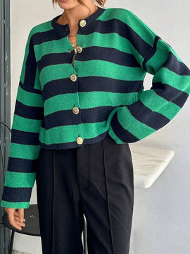 Cardigan de mujer con cuello redondo y botones delanteros, con estampado de rayas